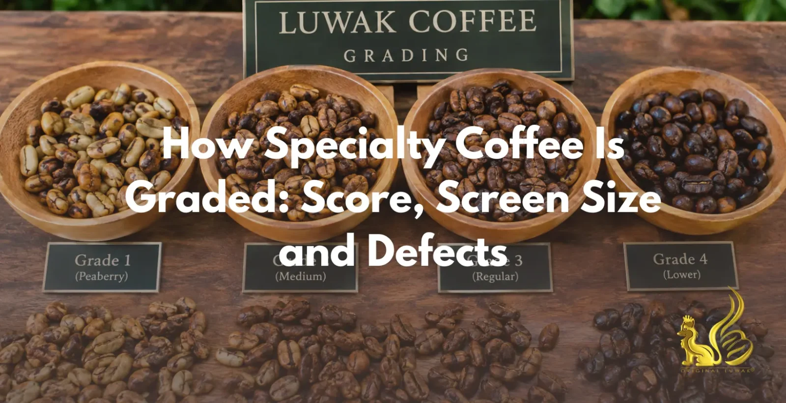 Specialty coffee grading of wild kopi luwak beans on a cupping table